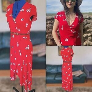 Bardotโred floral V-neck faux wrap cap sleeve maxiโdress
